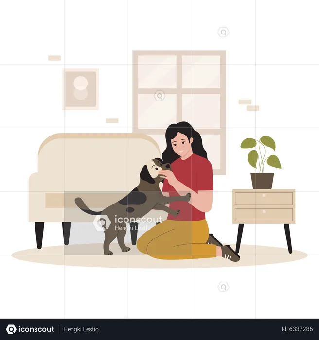 Niña jugando con perro mascota  Ilustración