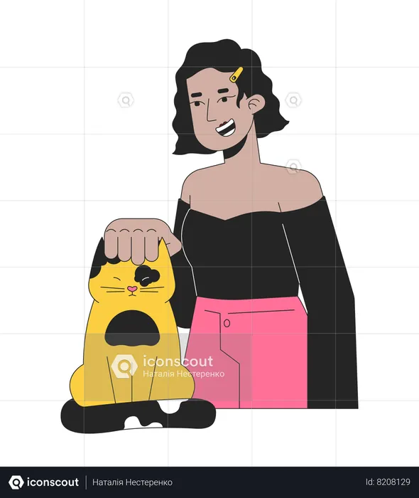 Chica latina acariciando gatito doméstico  Ilustración