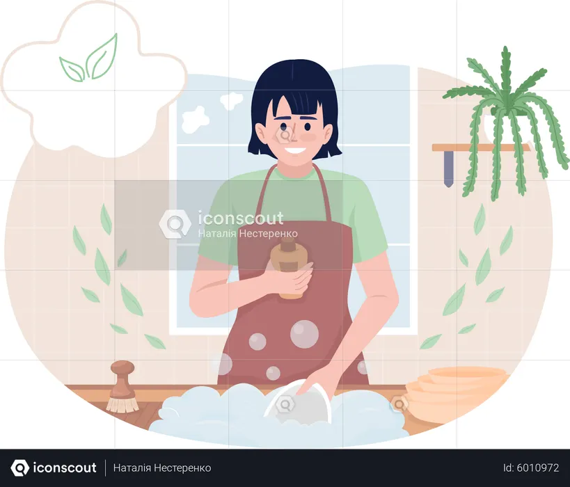 Niña lavando platos  Ilustración
