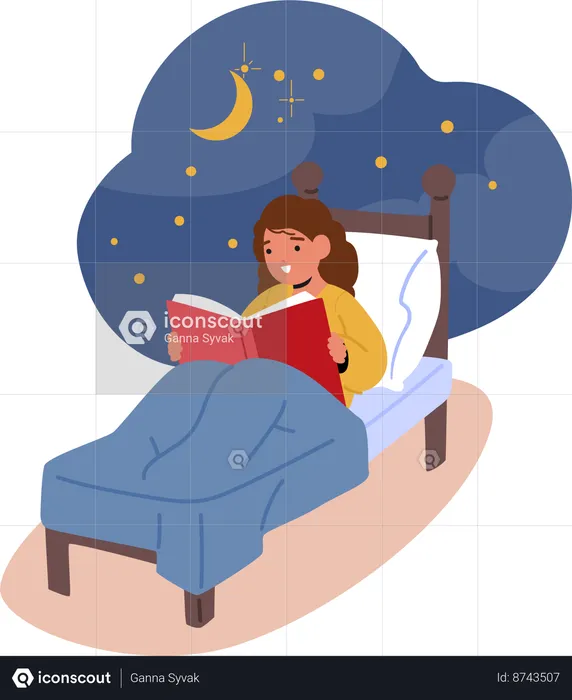 Niña leyendo un libro en la cama  Ilustración