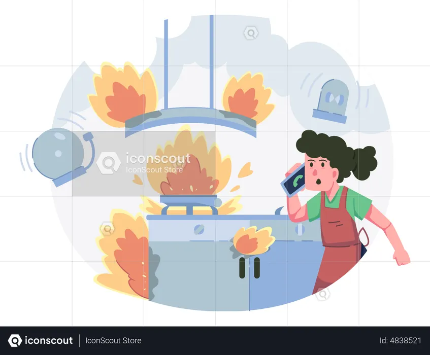 Niña llamando al servicio de emergencia contra incendios debido a un incendio en la cocina  Ilustración
