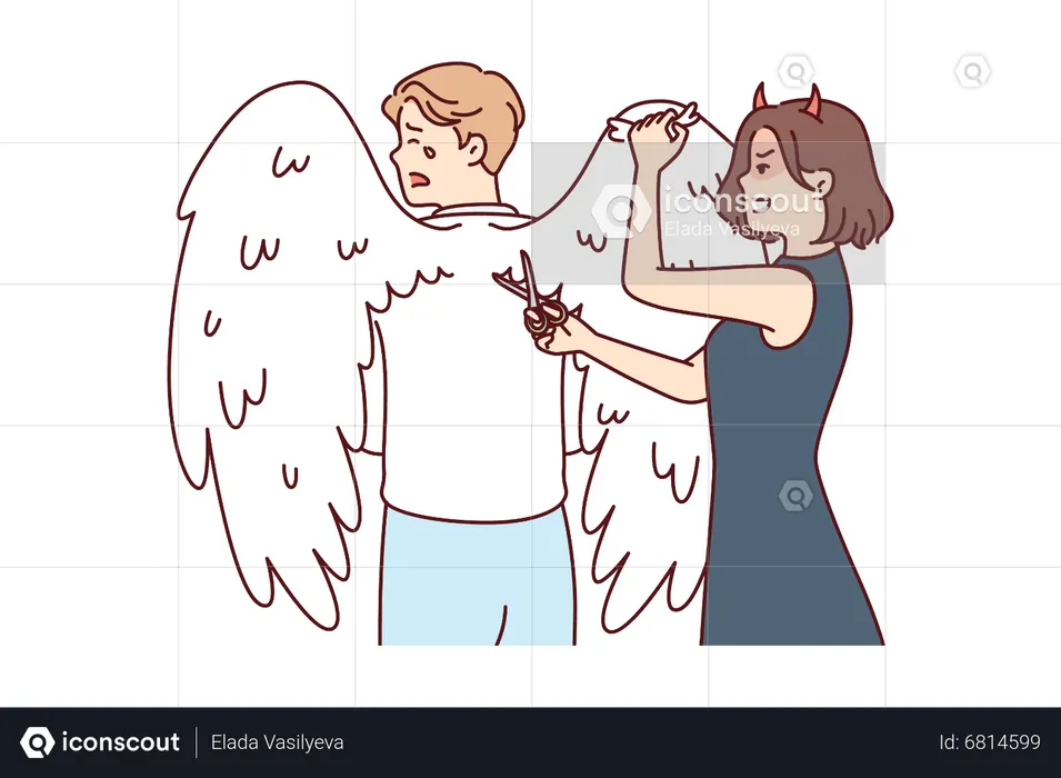 Chica malvada cortó las alas del hombre  Ilustración