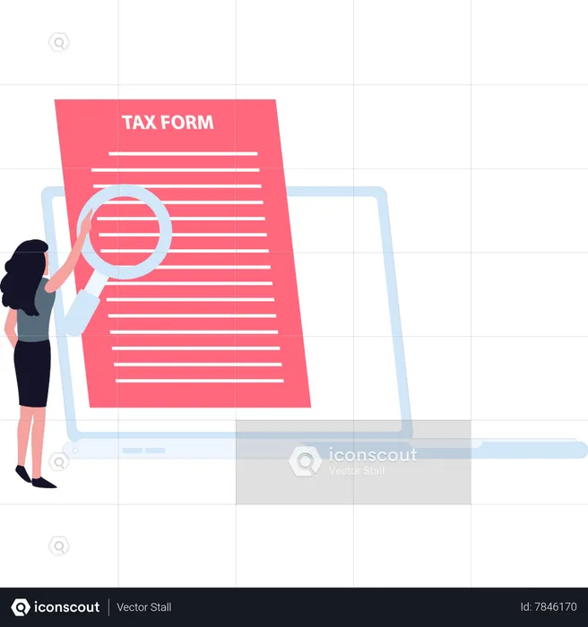 Chica mirando el formulario de impuestos con lupa  Ilustración