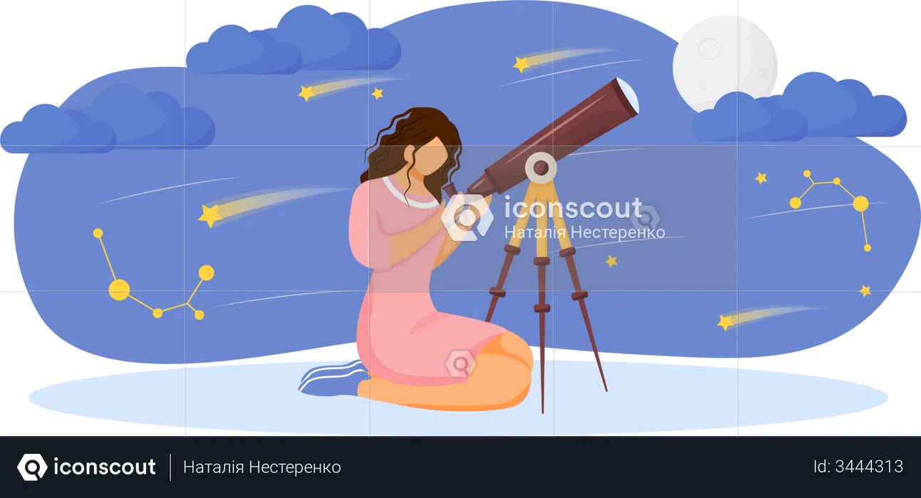 Chica mirando las estrellas y la luna con telescopio  Ilustración