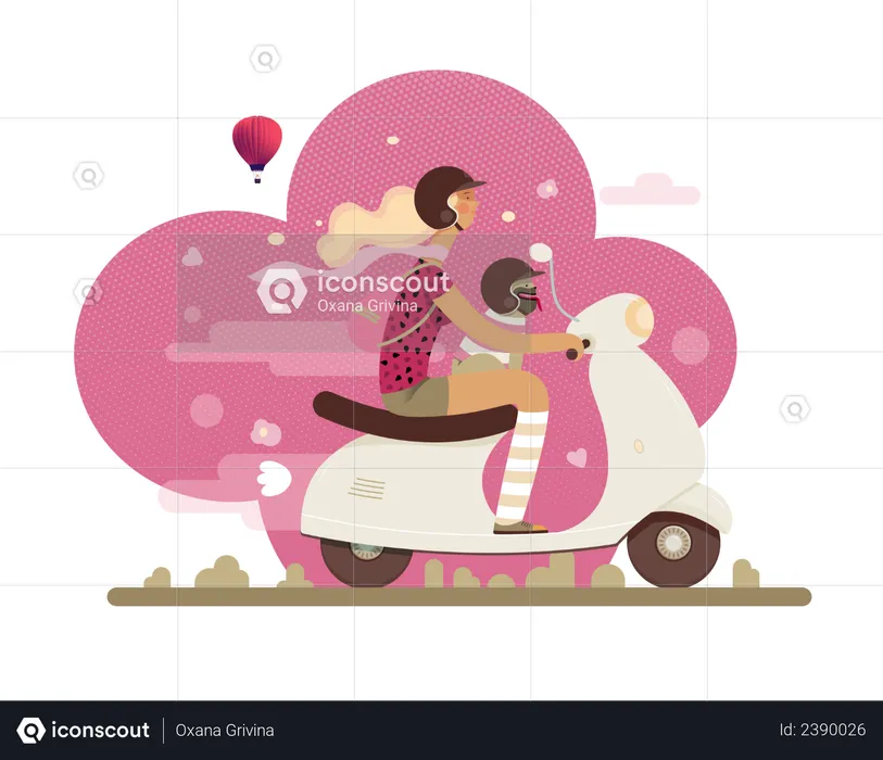 Chica montando scooter con su perro  Ilustración