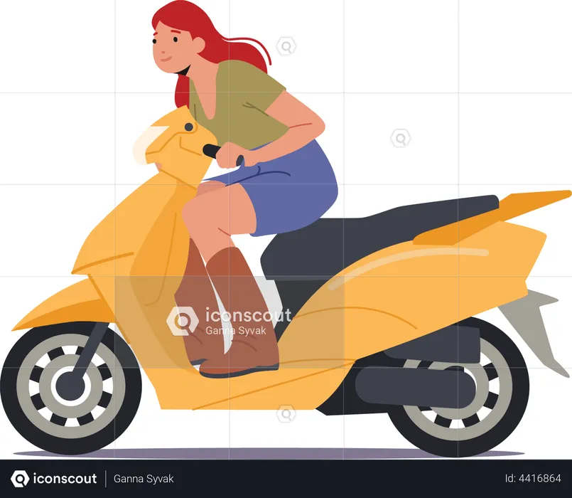 Chica joven montando scooter moderno  Ilustración