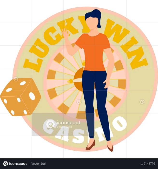 Chica mostrando la ruleta para ganar suerte  Ilustración