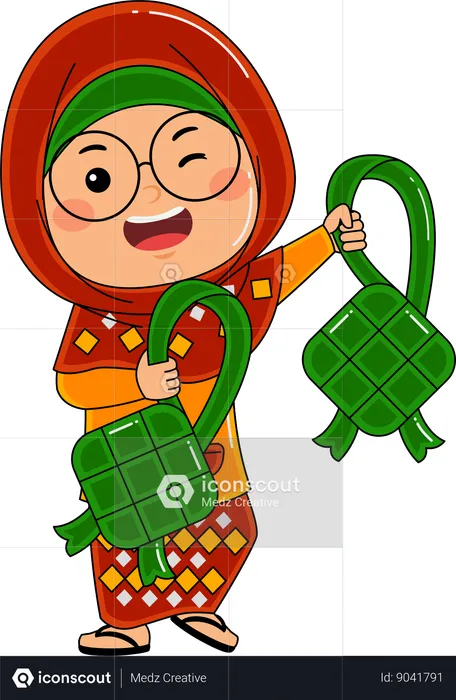 Chica musulmana con ketupat  Ilustración