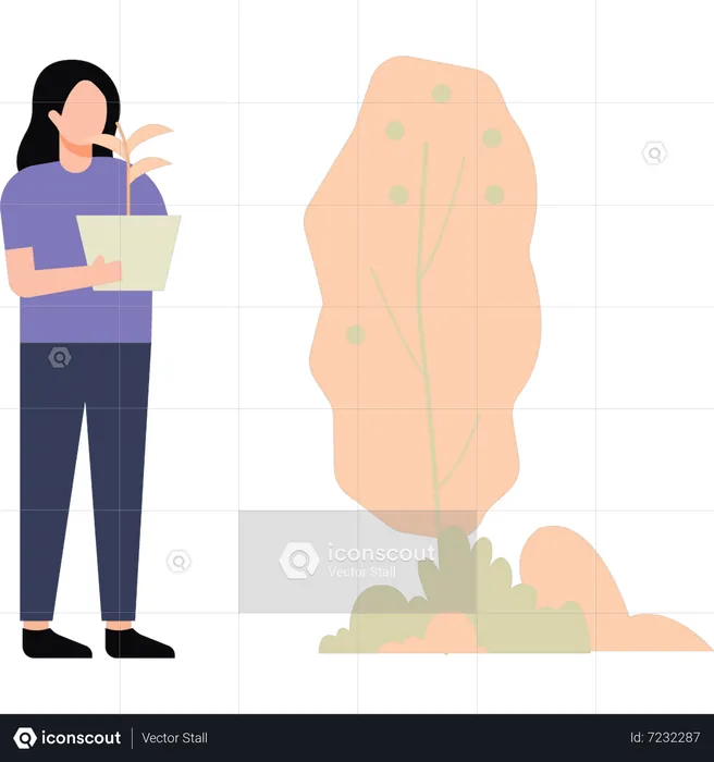 Chica está junto a un árbol con planta  Ilustración