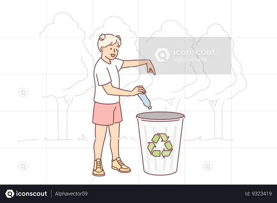 Niña pide reciclaje de plástico tirando una botella a un contenedor con un símbolo especial  Ilustración