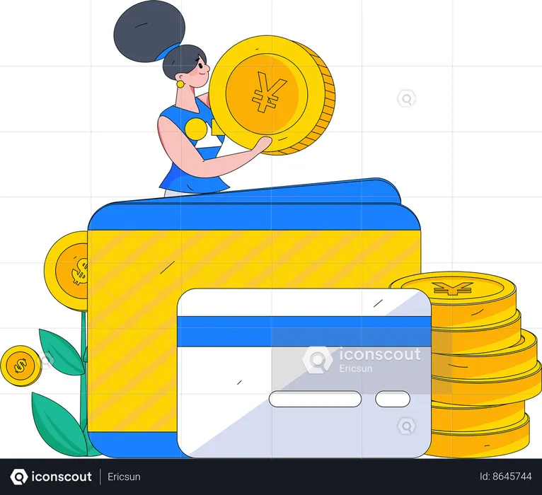 Chica poniendo dinero en la billetera  Ilustración