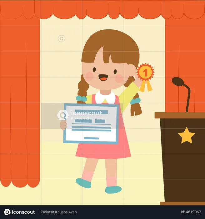 Niña recibe certificado y discurso en podio  Ilustración