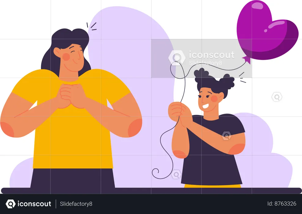 Niña dando globo en forma de corazón a su madre  Ilustración