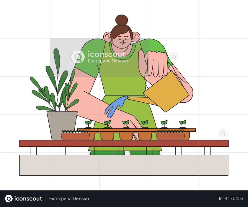 Chica regando la planta de la casa  Ilustración