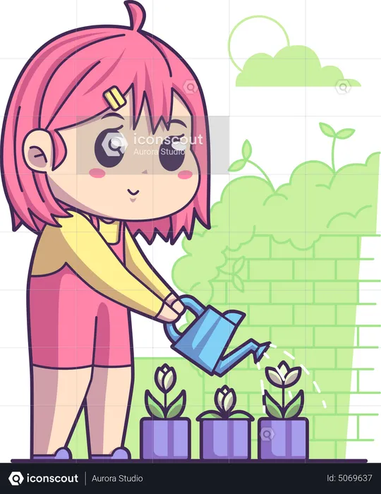 Niña regando flores  Ilustración