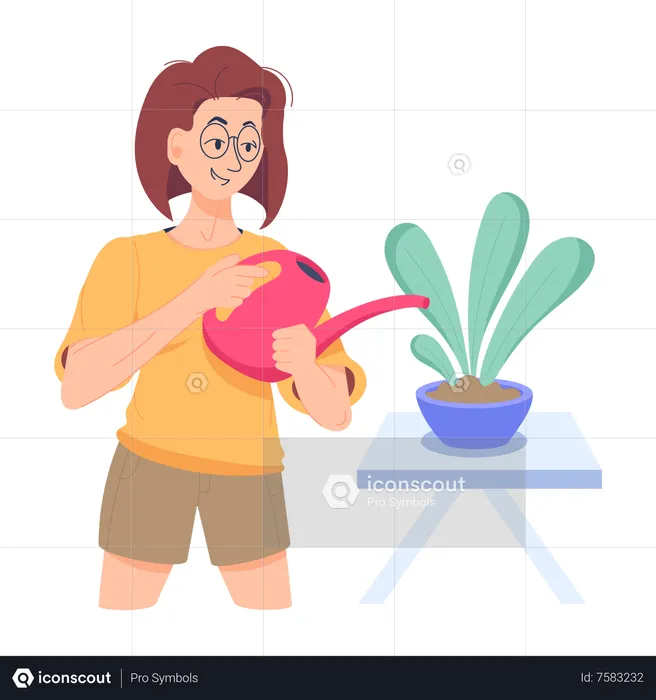 Niña regar la planta en casa  Ilustración