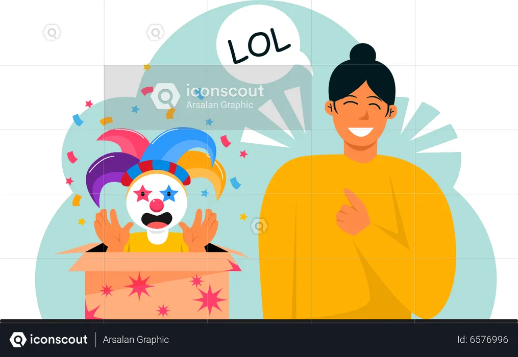 Chica riendo con caja de resorte de bufón  Ilustración