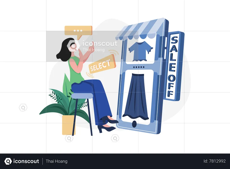 Chica seleccionando ropa del sitio de compras en línea  Ilustración