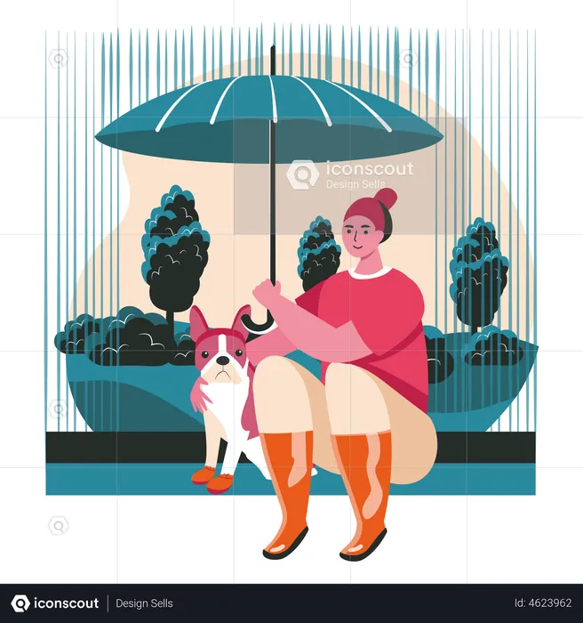 Chica sentada con su perro en el parque  Ilustración