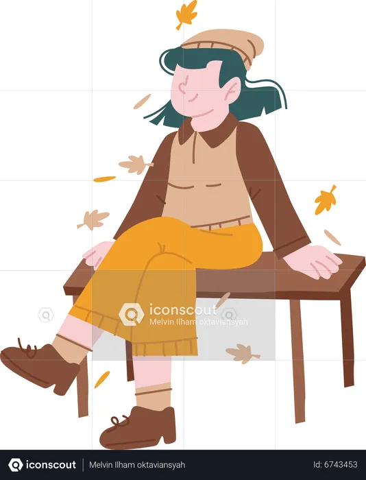 Chica sentada en un banco de madera  Ilustración