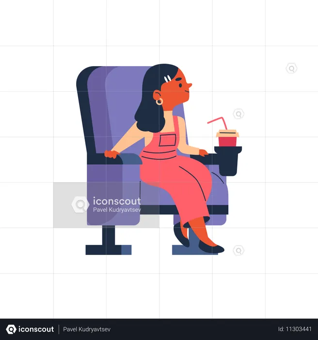 Niña sentada en un asiento de cine con un refresco  Ilustración