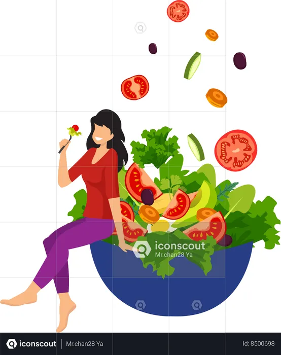 Chica sentada y comiendo ensalada  Ilustración