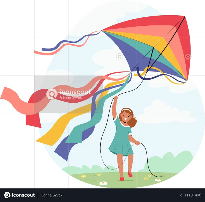 Niña sonriente volando una cometa  Ilustración