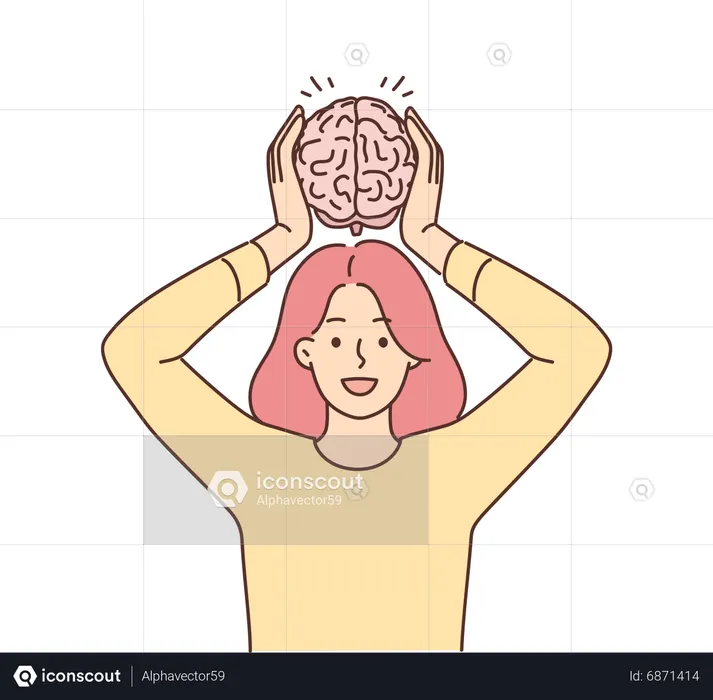 Chica sosteniendo el cerebro en la cabeza  Ilustración