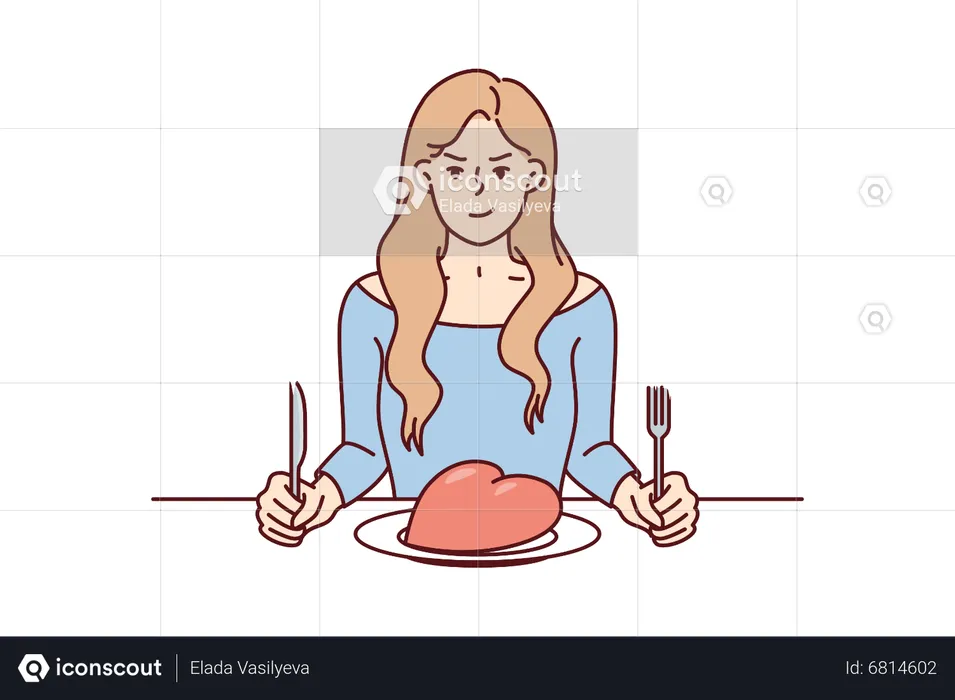 Niña sosteniendo cuchillo y tenedor en la mesa  Ilustración