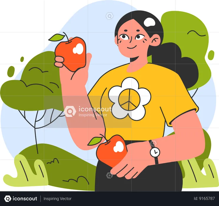 Chica sujetando manzana orgánica  Ilustración