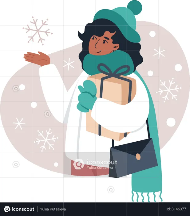 Chica sosteniendo un regalo mientras atrapa copos de nieve con la mano  Ilustración