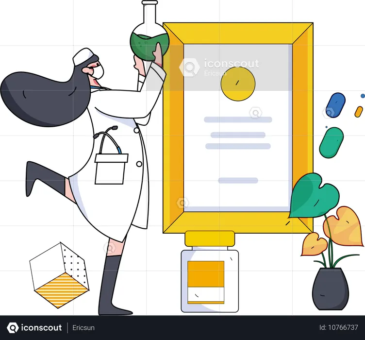 Chica sosteniendo un vaso y haciendo investigaciones médicas  Ilustración