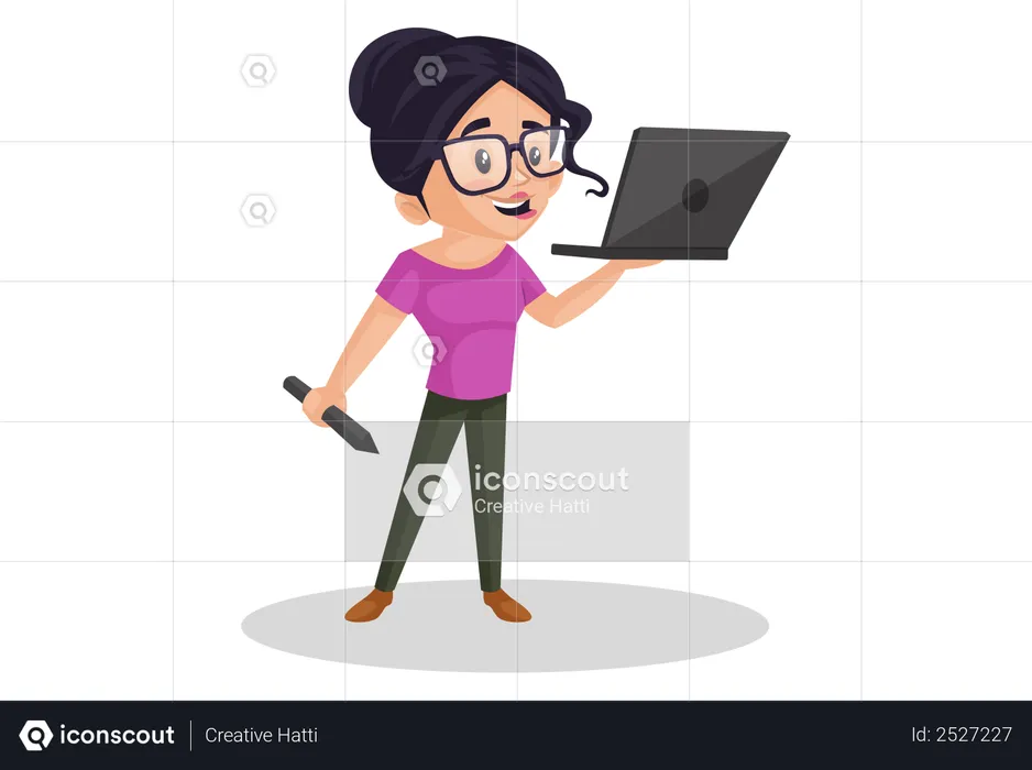 Chica sosteniendo una computadora portátil y un bolígrafo en sus manos  Ilustración