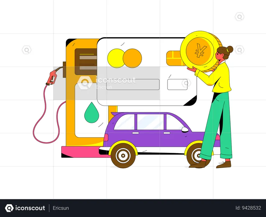 Chica sosteniendo una moneda de yen mientras estaba de pie en la estación de combustible  Ilustración
