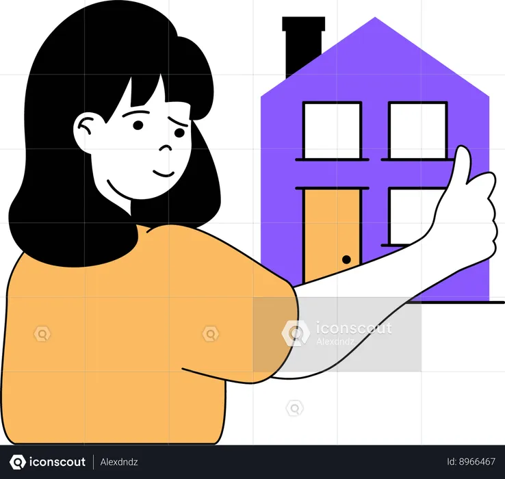 La muchacha sostiene la estructura de la casa en su mano  Ilustración