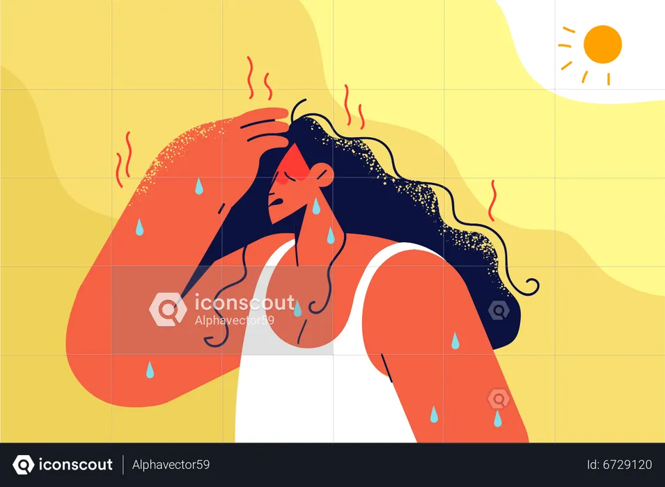 Chica sudando debido a la alta temperatura.  Ilustración