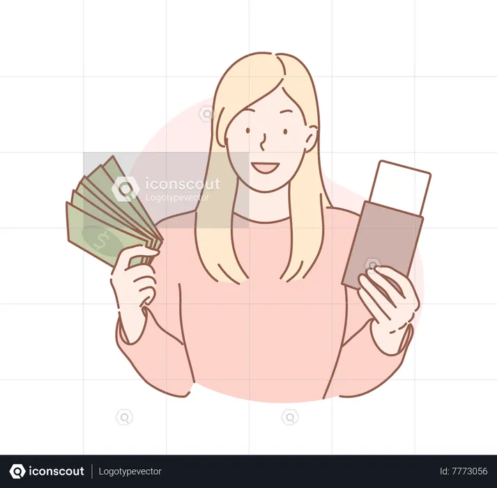 Chica sosteniendo dinero en efectivo y pasaporte  Ilustración