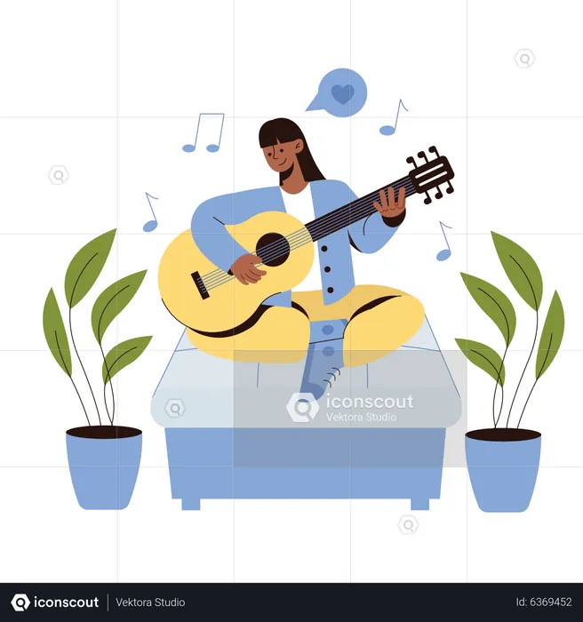 Chica tocando la guitarra tranquilamente  Ilustración