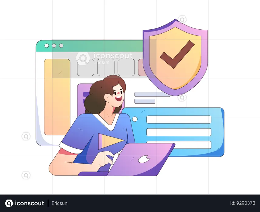 Chica trabajando en una computadora portátil con seguridad del sistema  Ilustración