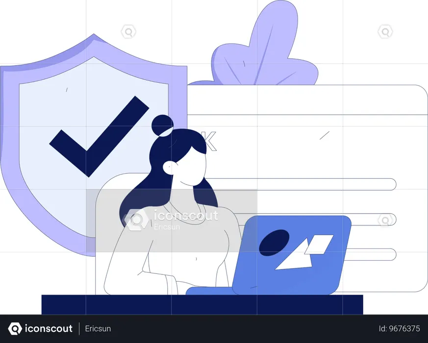 Chica trabajando en una computadora portátil con seguridad del sistema  Ilustración