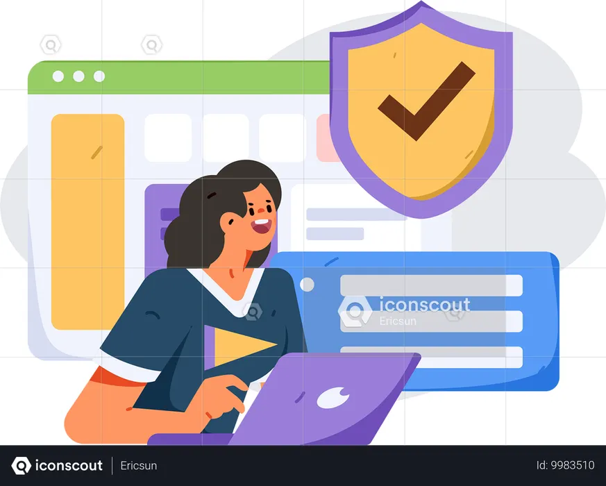 Chica trabajando en una computadora portátil con seguridad del sistema  Ilustración