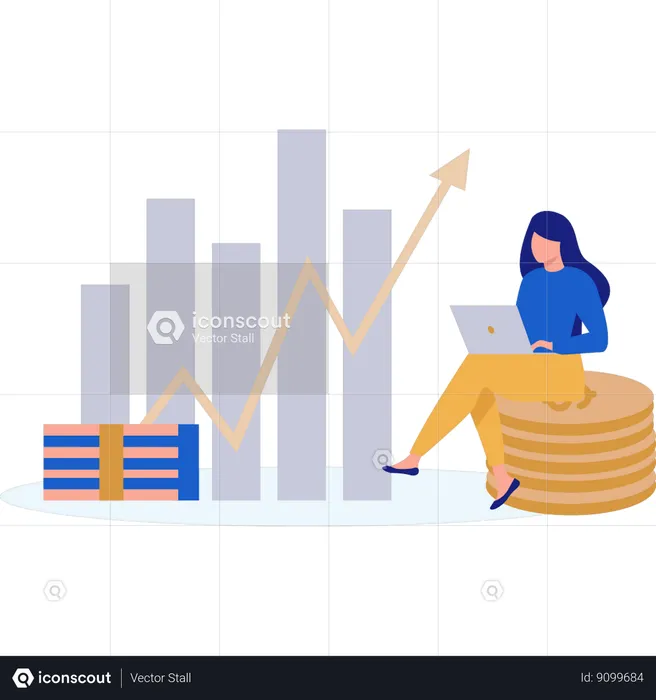 Chica trabajando en una computadora portátil en un gráfico financiero  Ilustración