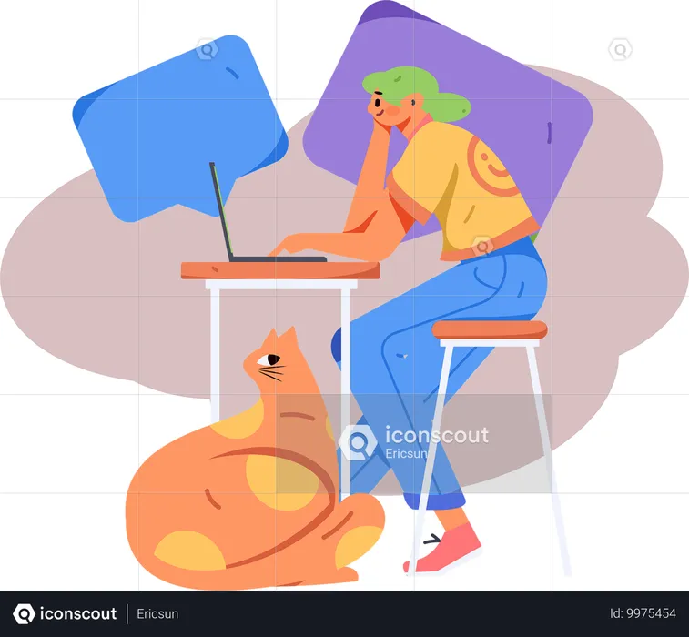 Chica trabajando en una computadora portátil mientras habla de negocios  Ilustración