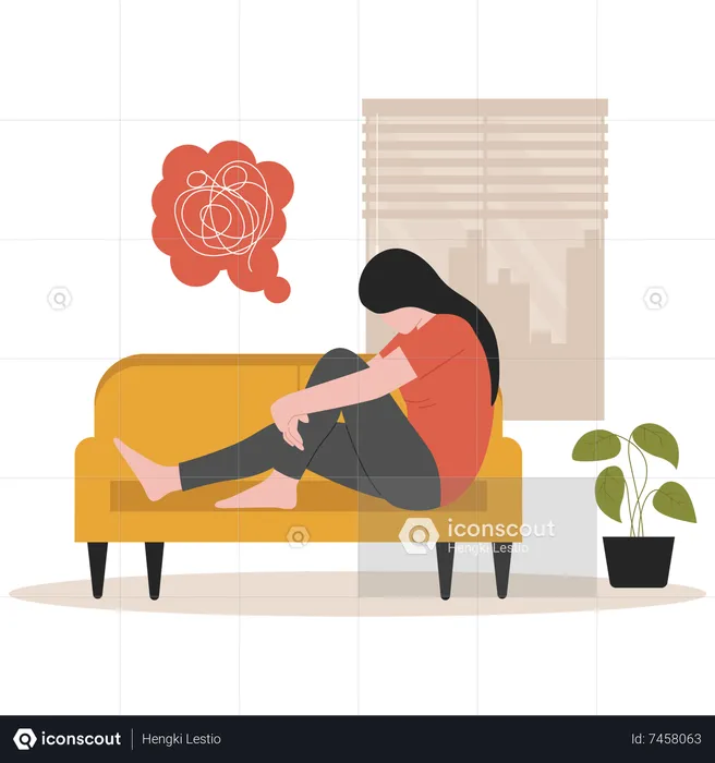 Chica triste sentada en el sofá  Ilustración