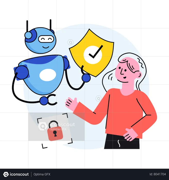 Chica usando característica de seguridad de inteligencia artificial  Ilustración