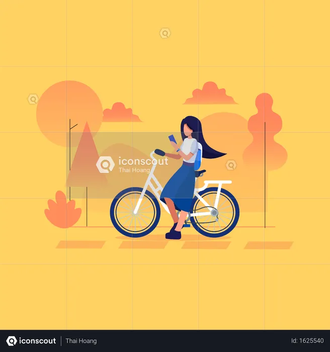 Chica usando su teléfono mientras anda en bicicleta  Ilustración