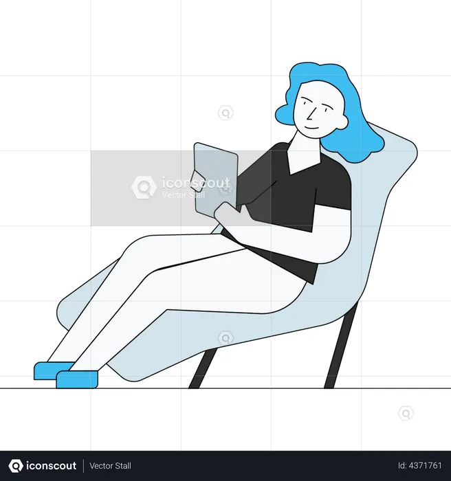 Chica usando tableta mientras está sentada en el sofá  Ilustración