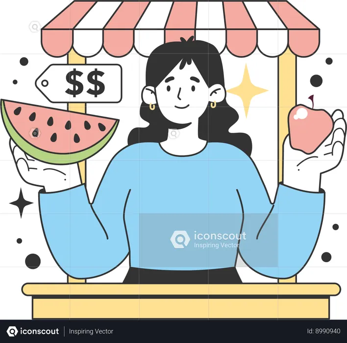 Chica vendiendo fruta en el puesto de frutas  Ilustración