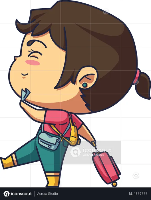 Niña viajando mientras lleva equipaje.  Ilustración