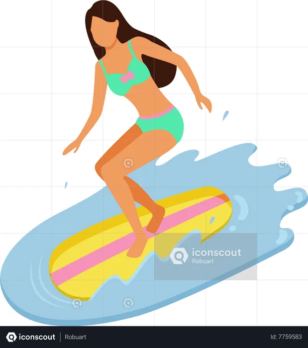 Niña vistiendo traje de baño y disfrutando del surf  Ilustración